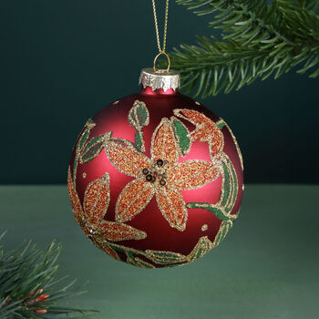 G Decor Hand Painted Glass Christmas Bauble Hanging Decoration Winter Berry Branch Or Golden Poinsettia Red, 2 of 4