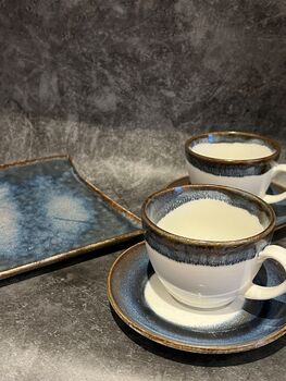 Porcelain Navy Drip Glaze Two Teacup And Serving Plate, 3 of 6