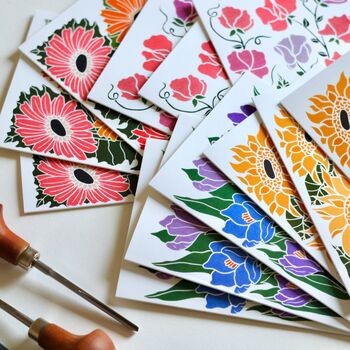 Linocut Joy Bloom Flower Notecards Set Of 12, 6 of 12