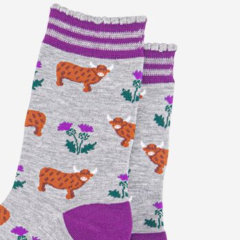 Highland Cow Scottish Thistles Bamboo Ankle Socks Women's Grey Purple, 2 of 4