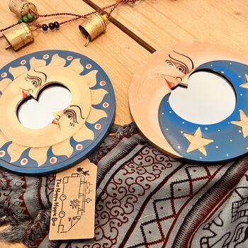 Wooden Celestial Moon And Stars Mini Bohemian Wall Mirrors Set Of Two, 3 of 6