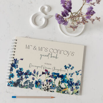 Watercolour Forget Me Nots Floral Wedding Guest Book, 3 of 7