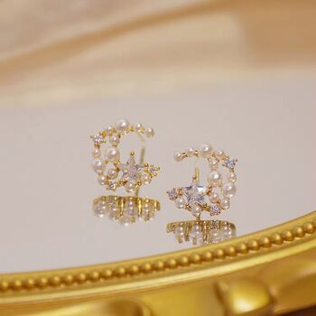 Monaco D’or Gold Pavé Star Moon Crystal Stud Earrings, 2 of 4