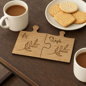 Personalised Oak Jigsaw Coaster Set Custom Couples Gift Anniversary, 3 of 4
