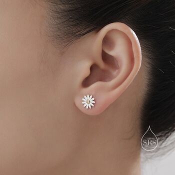 Two Tone Daisy Flower Stud Earrings In Sterling Silver, 2 of 11