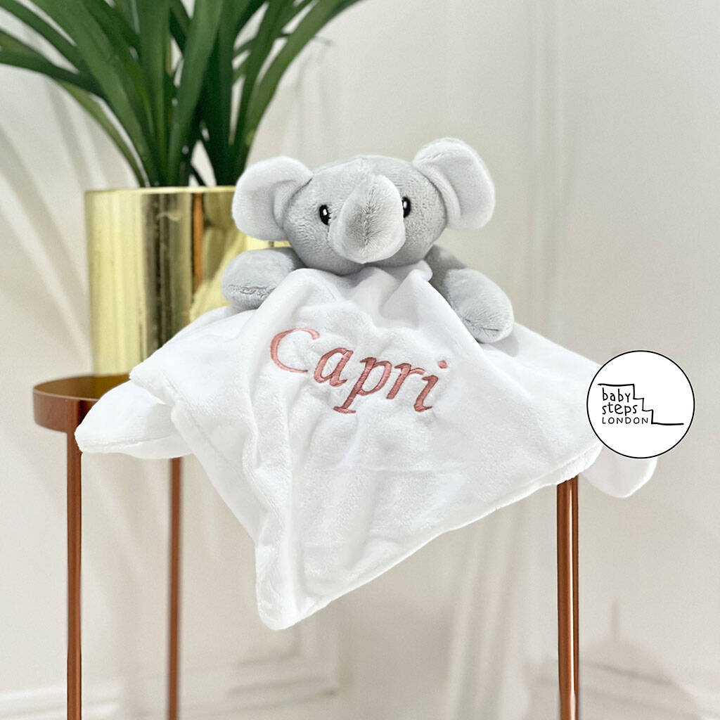 White Personalised Name Elephant Comforter Soft Toy, 1 of 4