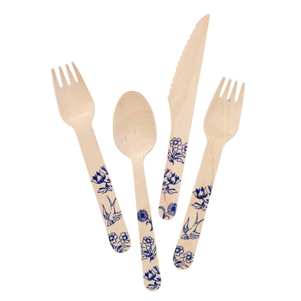 blue and white wooden cutlery eight sets by bunting & barrow