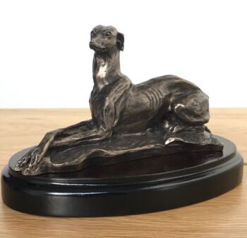Bronze Laying Greyhound Figurine On Wooden Base, 4 of 5