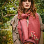 Mushroom Embroidered Burgundy Pashmina Scarf, thumbnail 2 of 5