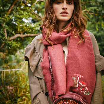Mushroom Embroidered Burgundy Pashmina Scarf, 2 of 5
