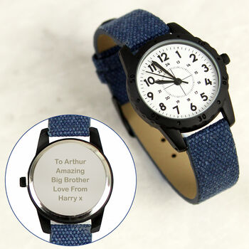 Personalised Black Watch With Blue Canvas Strap, 2 of 5