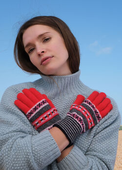 Dot And Cross Lambswool Gloves In Harlequin Red, 3 of 4