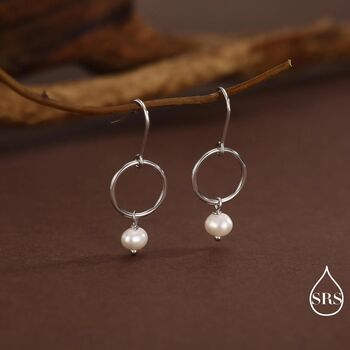 Genuine Freshwater Pearl And Circle Dangle Drop Earrings In Sterling Silver, 2 of 11