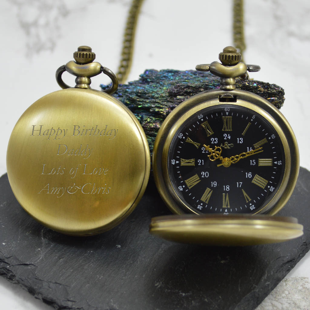 Engraved Bronze Vintage Pocket Watch With Black Dial, 1 of 3