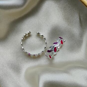 Pink Purple Adjustable Pure Silver Leaf Foot Toe Ring, 3 of 3