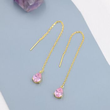 Sterling Silver Tourmaline Pink Cz Droplet Threader Earrings, 2 of 12