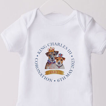 Personalised Kings Coronation Terrier Baby Grow Vest, 2 of 2