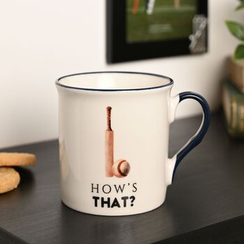Cricket Mug Gift “How’s That” – Cricket Lover Tea Coffee Cup, 2 of 5