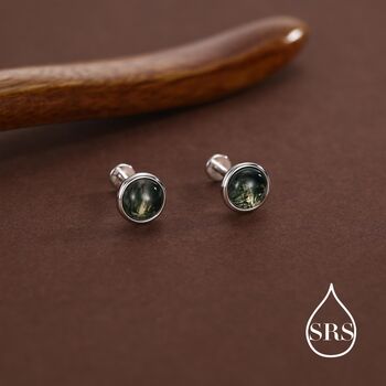 5mm Natural Moss Agate 16 G Flat Back Earrings In Sterling Silver, 6 of 11