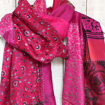 Kantha Stitch Pink Handmade Recycled Silk Scarf, 3 of 3