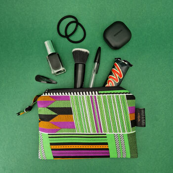 Small African Print Zip Pouch | Green Kente Kofi Print, 4 of 4