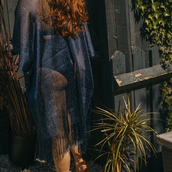Navy Viscose Metallic Tassel Kimono Beach Cover Up, 3 of 3