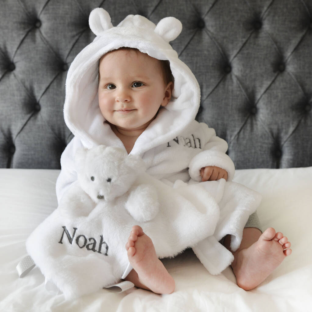 Personalised White Baby Gown And Teddy Comforter Set, 1 of 12