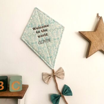 Welcome To The World, Hanging Fabric Kite, Turquoise Cotton With Baby Animal Print And Four Fabric Bows, 9 of 11
