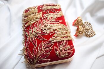 Autumn Leaves – Red Velvet Embroidered Tassel Clutch, 2 of 3