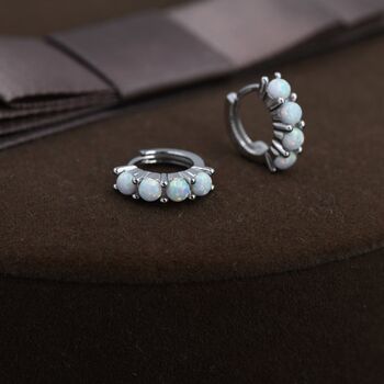 Sterling Silver White Opal Huggie Hoops, 3 of 11