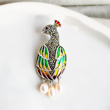 Sterling Silver Marcasite Peacock Brooch With Pearls, 2 of 8