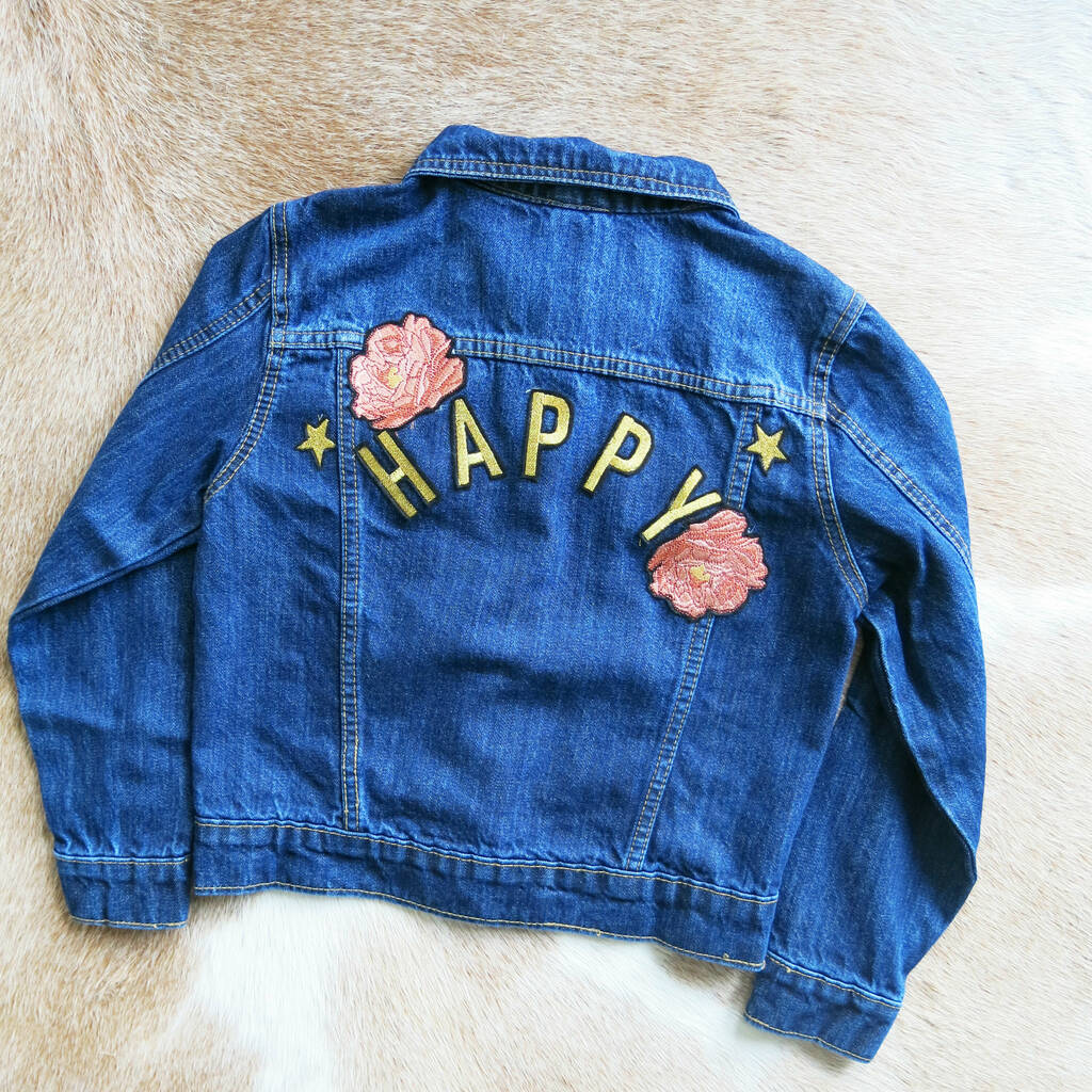 'Happy' Embroidered Kids Denim Jacket, 1 of 5