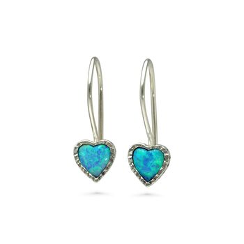 Molten Sterling Silver Blue Opal Heart Drop Earrings, 7 of 9