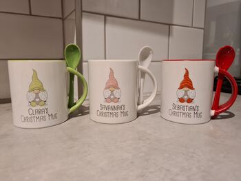 Personalised Christmas Gonk Mug Light Blue With Spoon, 2 of 2