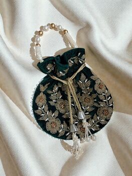 Handcrafted Emerald Green Velvet Potli Bag, 4 of 7