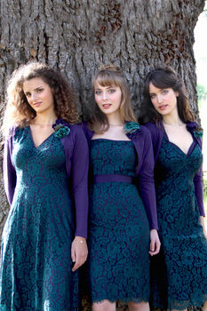 Lace Bridesmaids Dresses In Emerald And Blackcurrant, 3 of 8