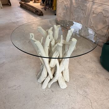 Four Seater Driftwood Round Dining Table With Glass Top, 9 of 11
