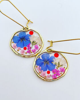 Real Blue Pink Flowers Drop Earrings Hand Made Small, 3 of 8
