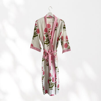 White And Pink Flower Print Cotton Dressing Gown Kimono, 6 of 10
