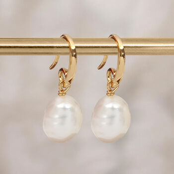 Yellow Gold Plated White Freshwater Pearl Drop Earrings, 2 of 7