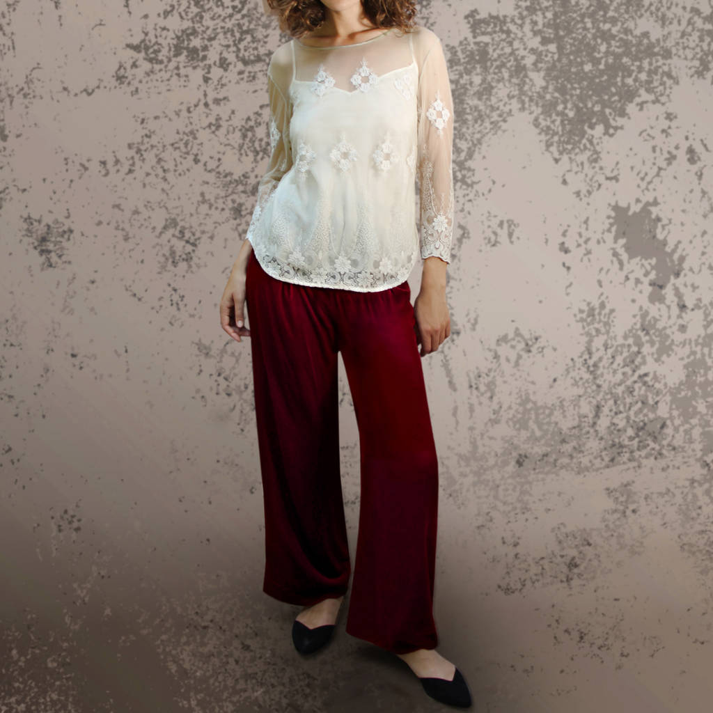 Palazzo Trousers In Deep Red Silk Velvet, 1 of 3