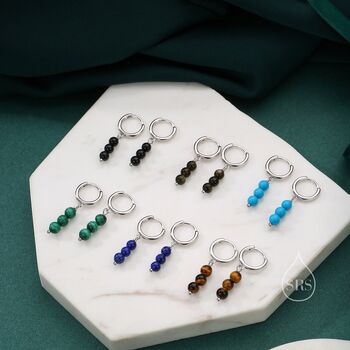 Sterling Silver Genuine Lapis Lazuli Stone Trio Huggie Hoop Earrings, 5 of 10