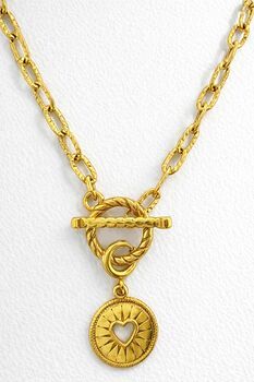 Detachable Heart Charm Necklace With T Bar Toggle 18 K Gold Textured Paperclip Chain, 3 of 6