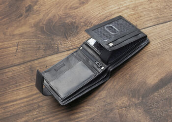 Men's Personalised Luxury Black Leather Wallet Trifold Rfid, 5 of 9