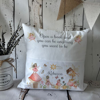 Fairy Pocket Pillow Cushion, Personalised Girls Reading Pillow, 3 of 4