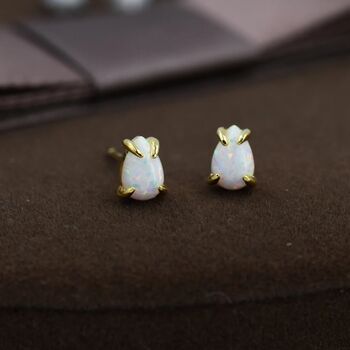 White Opal Droplet Stud Earrings In Sterling Silver, 5 of 11