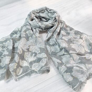 Ginkgo Print Metallic Gold Cotton Blend Scarf, 3 of 6