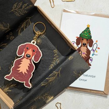 Dachshund Dog Wooden Keyring With Optional Christmas Card, 2 of 8