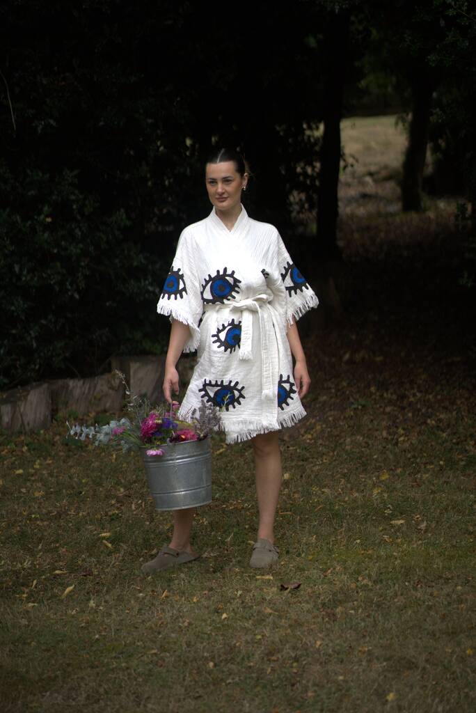 Organic Short Cotton Kimono: White With Dark Blue And Black Eye, 1 of 6