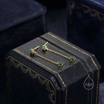 Emerald Green Cz Dangle Chain Stud Drop Earrings, 2 of 12